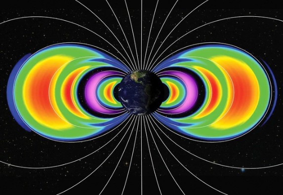 Hai vành đai bức xạ mới của Trái Đất - bao gồm một cái chủ yếu là proton - được đánh dấu bằng màu tím, kẹp giữa 2 vành đai Van Allen vĩnh cửu - Ảnh: NASA