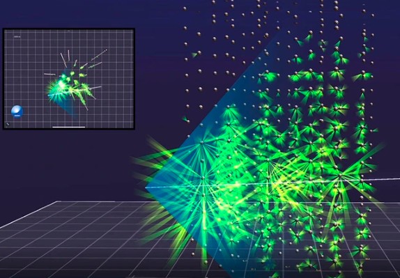 Hình ảnh tái tạo quá trình KM3NeT bắt giữ ánh sáng được tạo ra do tương tác hạt ma quỷ neutrino - Ảnh: KM3NeT