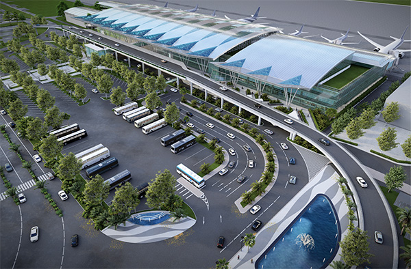 Phối cảnh toàn bộ nhà ga quốc tế T2 sân bay Đà Nẵng, bao gồm phần mở rộng bên phải 