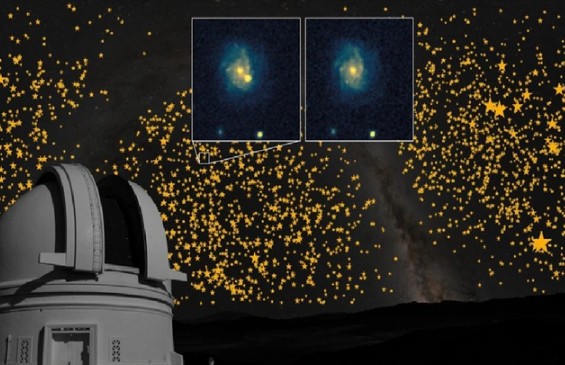 Kính thiên văn Palomar 48 inch tại Đài quan sát Palomar (California - Mỹ) với bầu trời đầy siêu tân tinh được đánh dấu ở hậu cảnh, cũng như hình ảnh phóng to về một thiên hà khi có siêu tân tinh và sau vụ nổ - Ảnh: ĐÀI QUAN SÁT PALOMAR