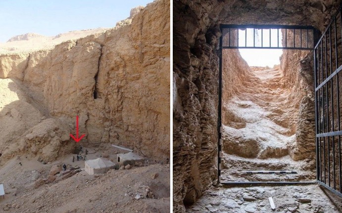 Lối vào lăng mộ Thutmose II được tìm thấy dưới chân một vách đá - Ảnh: BẢO TÀNG AI CẬP