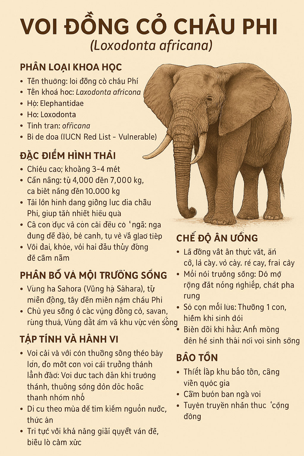 Một số thông tin cần biết về voi đồng cỏ châu Phi.