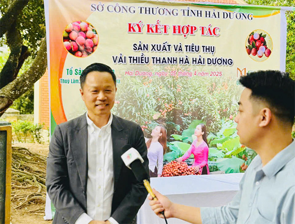 Ông Nguyễn Đức Quỳnh trả lời phỏng vấn về việc ký kết bao tiêu đặc sản vải thiều Thanh hà.