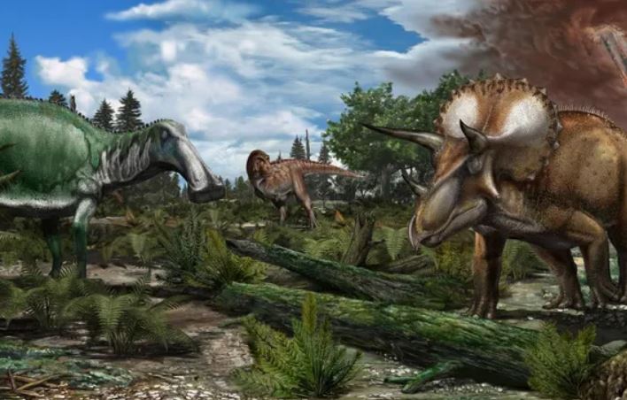 Một hình minh họa về khủng long — Edmontosaurus annectens (trái), Tyrannosaurus rex và Triceratops prorsus — trên một vùng đồng bằng ngập lụt từ cuối kỷ Maastrichtian khoảng 66 triệu năm trước.