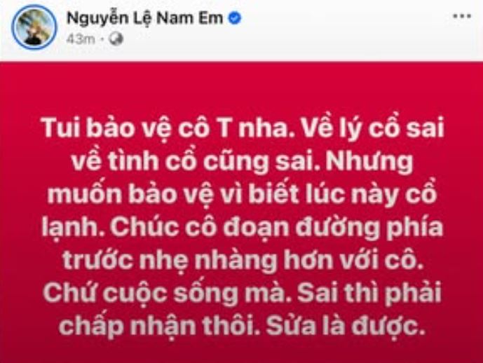 Dòng trạng thái của Nam Em bênh vực Thùy Tiên.