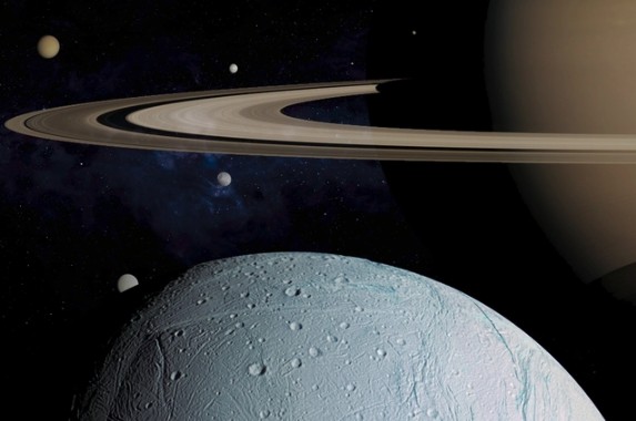 Sao Thổ dưới góc nhìn từ một trong các mặt trăng nổi tiếng nhất của nó - "mặt trăng sự sống" Enceladus - Ảnh đồ họa từ dữ liệu NASA