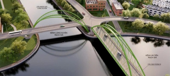 Cầu giải Phóng 9 được thiết kế từ nguồn cảm hứng “chiếc lá cây Giá” mang nét đặc trưng vùng quê Rạch Giá.