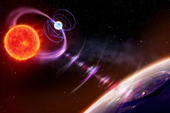 Ảnh minh họa về cách một cặp đôi gồm một thế giới đã chết là sao lùn trắng, khiêu vũ với sao lùn đỏ đồng hành, để rồi gửi tín hiệu vô tuyến đến Trái Đất - Ảnh: SCITECH DAILY