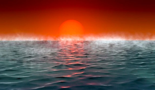 Quang cảnh trên một hành tinh đại dương Hycean với biển nước mênh mông và "mặt trời" đỏ - Ảnh đồ họa: Amanda Smith/Nikku Madhusudhan