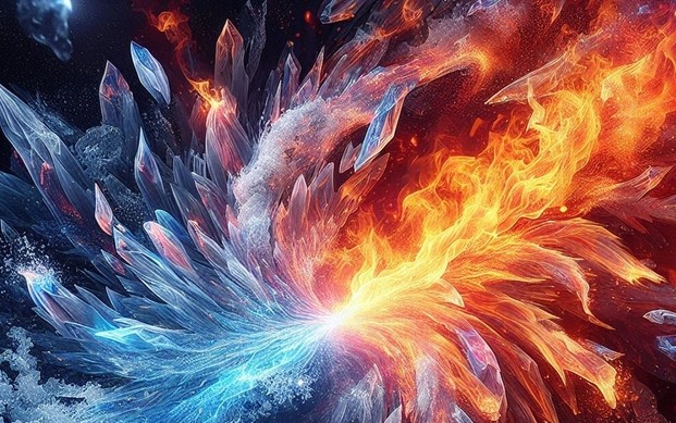 Vật chất nửa lửa, nửa băng có thể đảo ngược thành nửa băng, nửa lửa theo nghiên cứu mới - Minh họa AI: Thu Anh