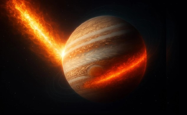 Sao Mộc bị tấn công bởi bão Mặt Trời - Ảnh đồ họa: SCITECH DAILY