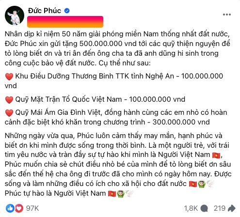 Người hâm mộ dành cho Đức Phúc "bão like" khi chia sẻ hành động ý nghĩa nhân dịp Đại lễ của đất nước