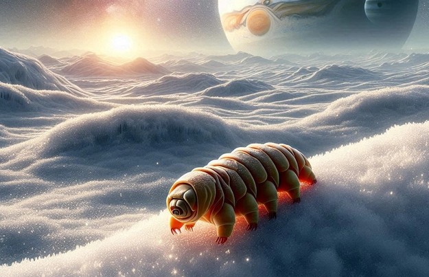 Tardigrade, "quái vật bất tử" của Trái Đất, có thể hiện diện hoặc có họ hàng nơi các mặt trăng băng giá của Sao Mộc hay Sao Thổ - Minh họa AI: Thu Anh