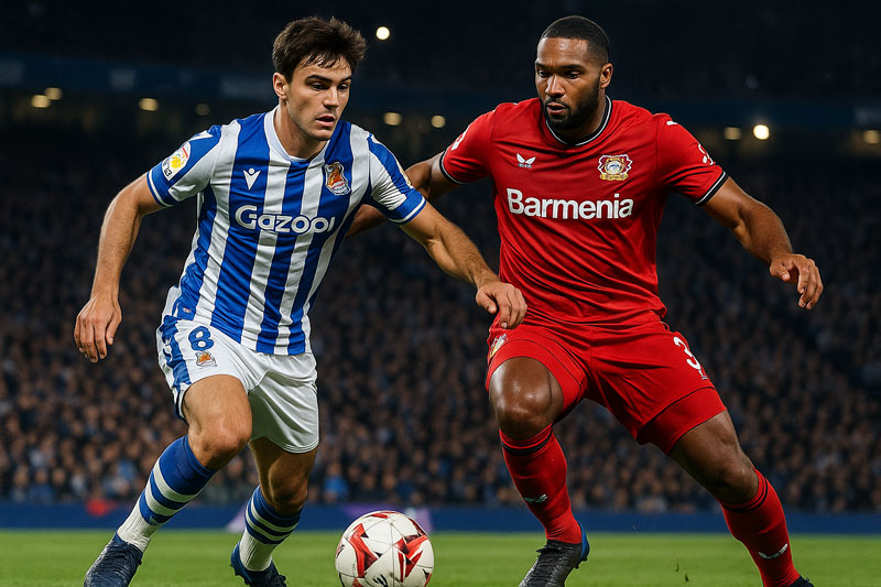 Martin Zubimendi và Jonathan Tah (phải).