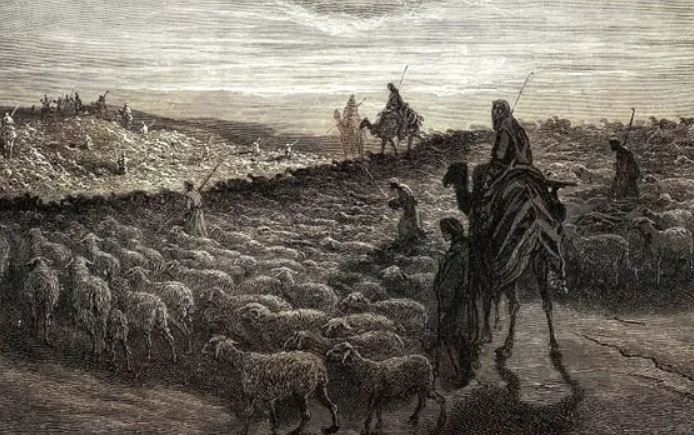 Một bức khắc màu thế kỷ 18, của nghệ sĩ người Pháp Gustave Doré, về Abraham trong Kinh thánh Hebrew đang hành trình đến Đất Canaan.