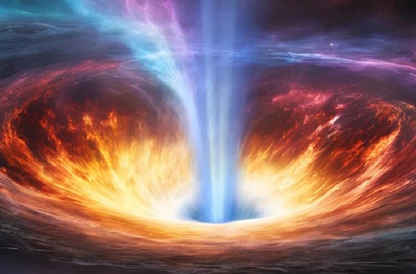 Ảnh đồ họa mô tả một lỗ đen quái vật (lỗ đen siêu khối) đang cuồng nộ ăn vật chất để tăng trưởng - Ảnh: Robert Lea