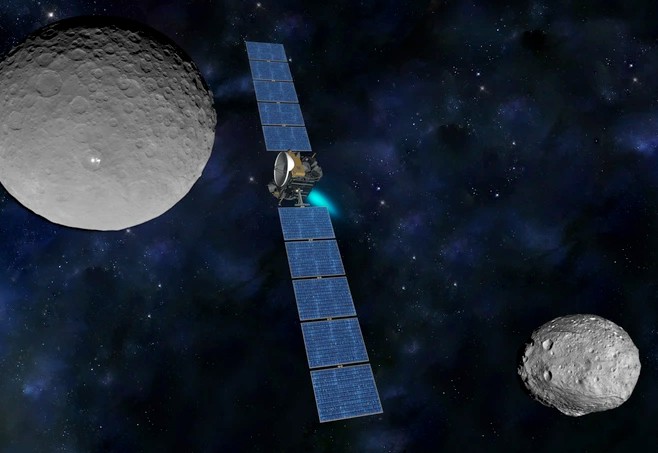 Tàu vũ trụ Dawn của NASA và 2 vật thể mà nó nghiên cứu: Hành tinh lùn Ceres ở bên trái và tiểu hành tinh Vesta ở bên phải - Ảnh: NASA/JPL-Caltech