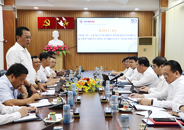 Tổng giám đốc EVNCPC Ngô Tấn Cư báo cáo tại buổi làm việc với Tiingr uỷ Khánh Hoà về tiếp nhận PC Ninh Thuận.