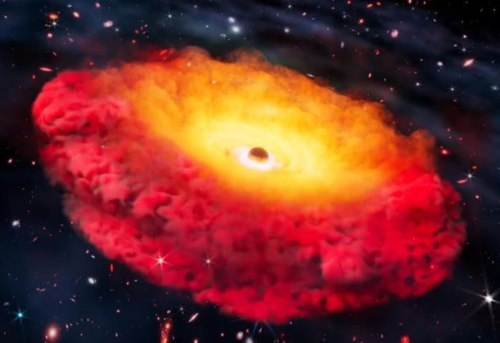 Minh họa CAPERS-LRD-z9, nơi có hố đen đầu tiên được xác nhận. Hố đen siêu khối lượng ở trung tâm được cho là được bao quanh bởi một đám mây khí dày, tạo cho thiên hà một màu đỏ đặc trưng. Nguồn: Erik Zumalt, Đại học Texas tại Austin