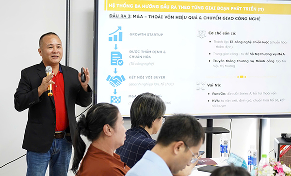 Đại diện các quỹ đầu tư khởi nghiệp sáng tạo trình bày với lãnh đạo UBND TP và Sở KH&CN Đà Nẵng các giải pháp tạo đầu ra cho sản phẩm khởi nghiệp.