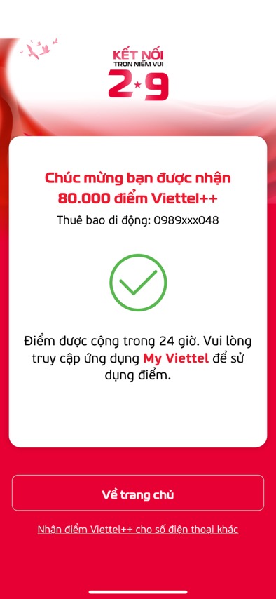 Ấn nút nhận ngay để có 80.000 điểm vào Viettel++