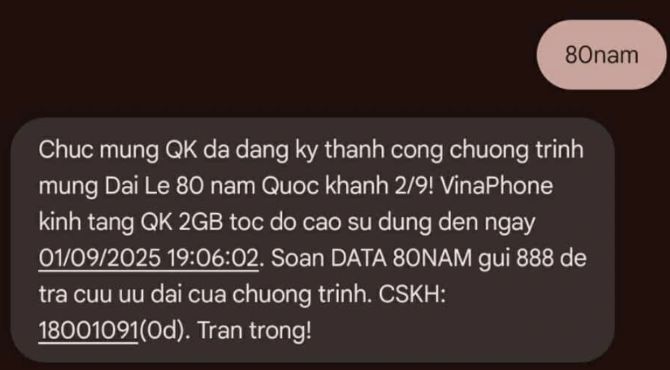 Với VinaPhone, để nhận được dữ liệu miễn phí, chỉ cần gửi một tin nhắn.