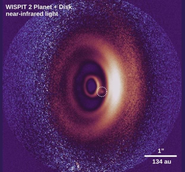 Hình ảnh một đĩa bụi xung quanh một ngôi sao trẻ. Giữa nhiều vòng tròn đồng tâm, chúng ta thấy một chấm sáng nhỏ (được biểu thị bằng một vòng tròn màu trắng). Đây là hình ảnh của một hành tinh mới sinh, có khả năng là một hành tinh khí khổng lồ tương tự Sao Mộc trong Hệ Mặt Trời của chúng ta, nhưng có khối lượng lớn hơn khoảng 5 lần. Những quan sát này được chụp bằng Kính viễn vọng Rất Lớn ESO dưới ánh sáng cận hồng ngoại. Nguồn: C. Ginski/R. van Capelleveen và cộng sự.
