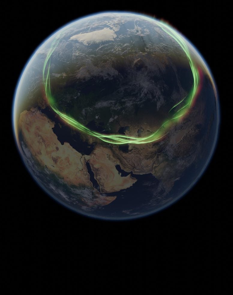 Hình ảnh minh họa nghệ thuật về việc cực quang có thể xuất hiện ở vĩ độ thấp hơn trong chuyến thám hiểm Laschamps. Nguồn: Maximilian Schanner (Trung tâm Khoa học Địa chất Helmholtz GFZ, Potsdam, Đức)