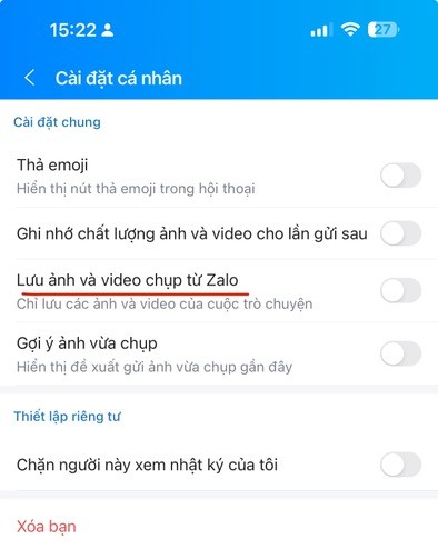 Gạt nút sang chế độ tắt để dừng lưu ảnh và video trong cuộc hội thoại này