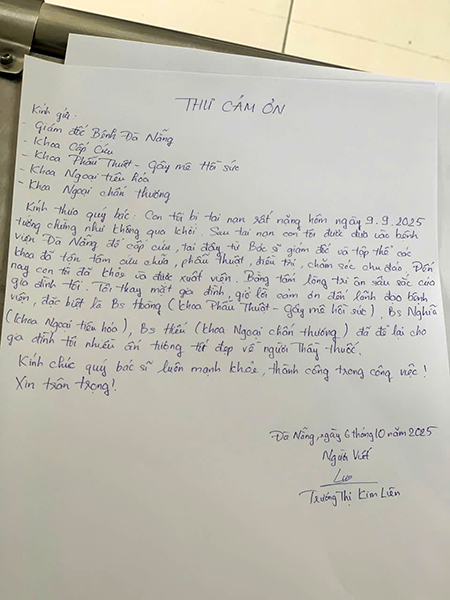 Thư cám ơn của gia đình nữ sinh T.N.P.U gửi BV Đà Nẵng.