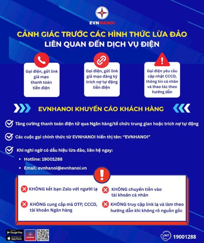 Thông báo cảnh báo của EVNHANOI. Ảnh: EVNHANOI