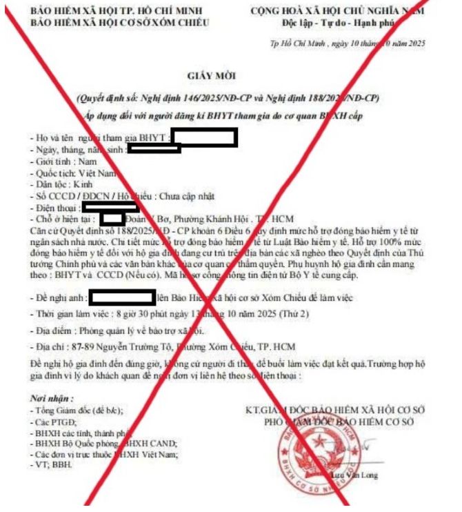 Giấy mời giả mạo BHXH cơ sở Xóm Chiếu.