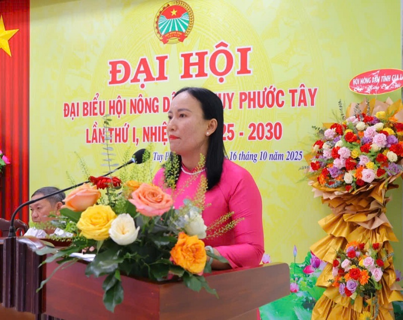 Bà Nguyễn Thị Bích Ninh - Chủ tịch Hội Nông dân xã Tuy Phước Tây, phát biểu tại đại hội.