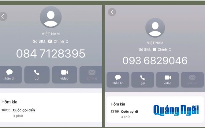 Các số điện thoại liên lạc với anh N.H.T, ở phường Trương Quang Trọng và mạo danh là cán bộ Bảo hiểm xã hội tỉnh. Ảnh: Báo Quảng Ngãi.