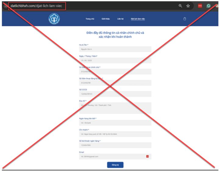 Trang web giả mạo datlichbhxh[.]com có giao diện tương tự trang chính thức