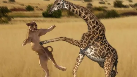 CLIP: Hươu cao cổ ‘nổi điên’, dẫm chết sư tử dưới chân