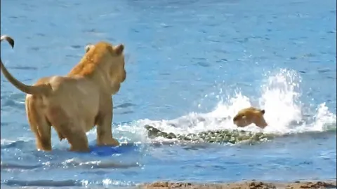 CLIP: Sư tử dũng mãnh lao xuống sông, ‘thủy chiến’ cá sấu giải cứu con non