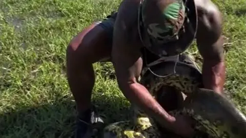 Người đàn ông tay không khống chế trăn anaconda khổng lồ, kết thúc bằng hành động gây sốc