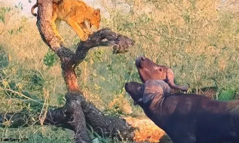 CLIP: Bị trâu rừng truy sát, sư tử phải trèo lên cây trốn chạy