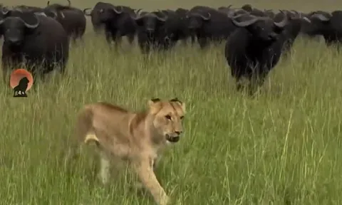 CLIP: Bị đàn trâu rừng truy sát, sư tử làm ra hành động đáng xấu hổ