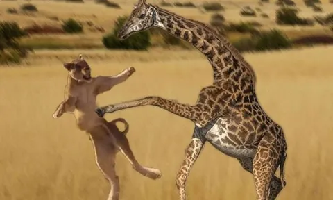 CLIP: Hươu cao cổ ‘nổi điên’, dẫm chết sư tử dưới chân