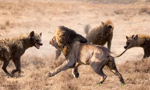 CLIP: Sư tử ác chiến kinh hoàng với bầy linh cẩu để tranh giành bữa ăn