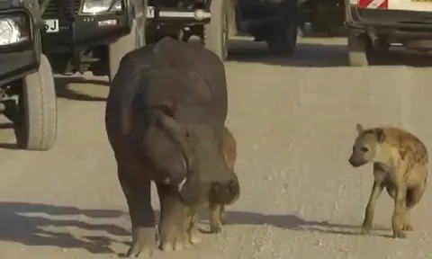 CLIP: Linh cẩu truy sát dữ dội, mẹ con hà mã hoảng loạn lao vào xe du khách để lẩn trốn