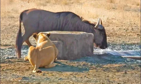 Mải mê uống nước, linh dương đầu bò bị sư tử phục kích