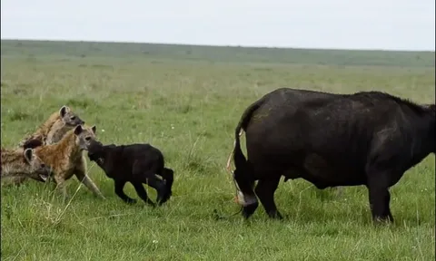 Trâu rừng ác chiến nảy lửa với bầy linh cẩu để bảo vệ con