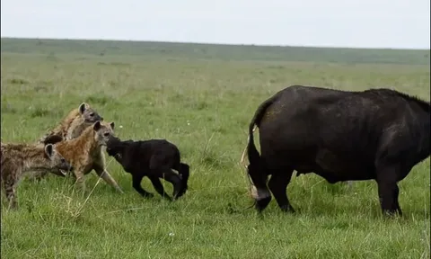 Trâu rừng mẹ khổ chiến với bầy linh cẩu, bảo vệ con non