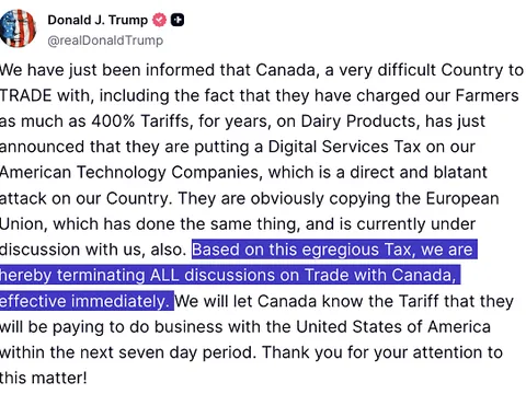 Tổng thống Trump chấm dứt đàm phán với Canada, úp mở đạt thoả thuận với 4-5 nước
